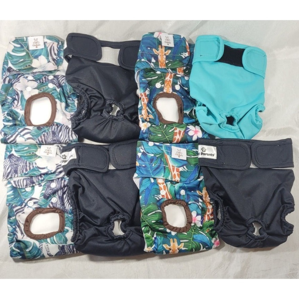 8 Reusable Washable Female Doggie Diapers - Zebra, Giraffe - Medium 14-21" Waist